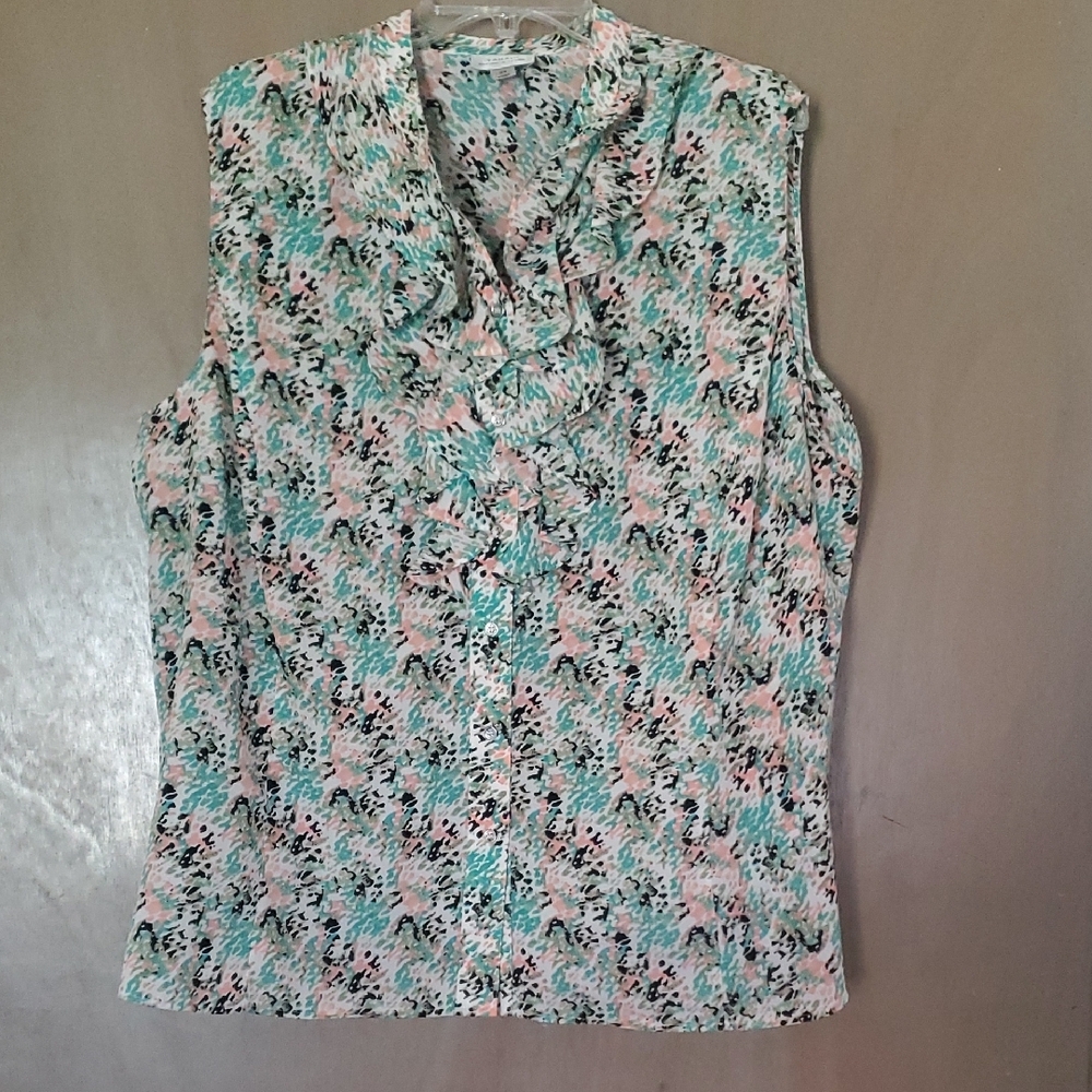 Tahari Green and Blue Ruffled Sleeveless Top with Mandarin Collar